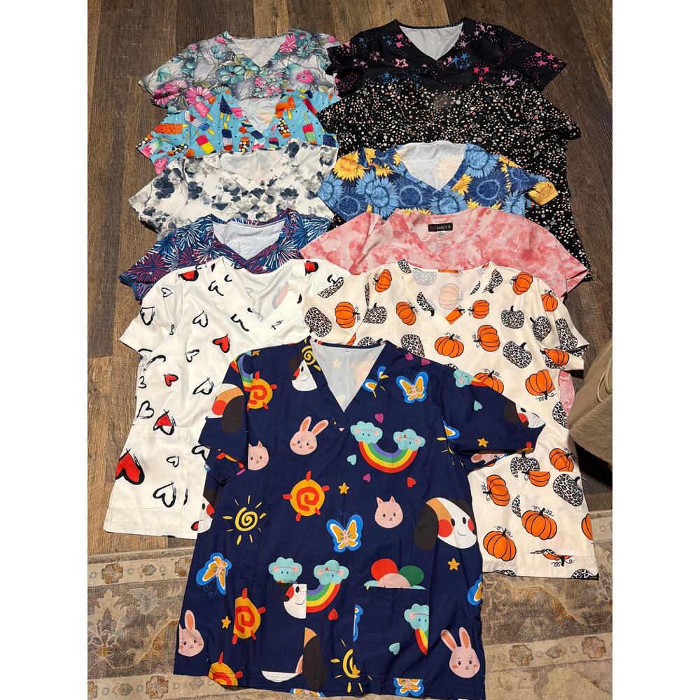 Lot of 11 Themed Scrub Tops XL
